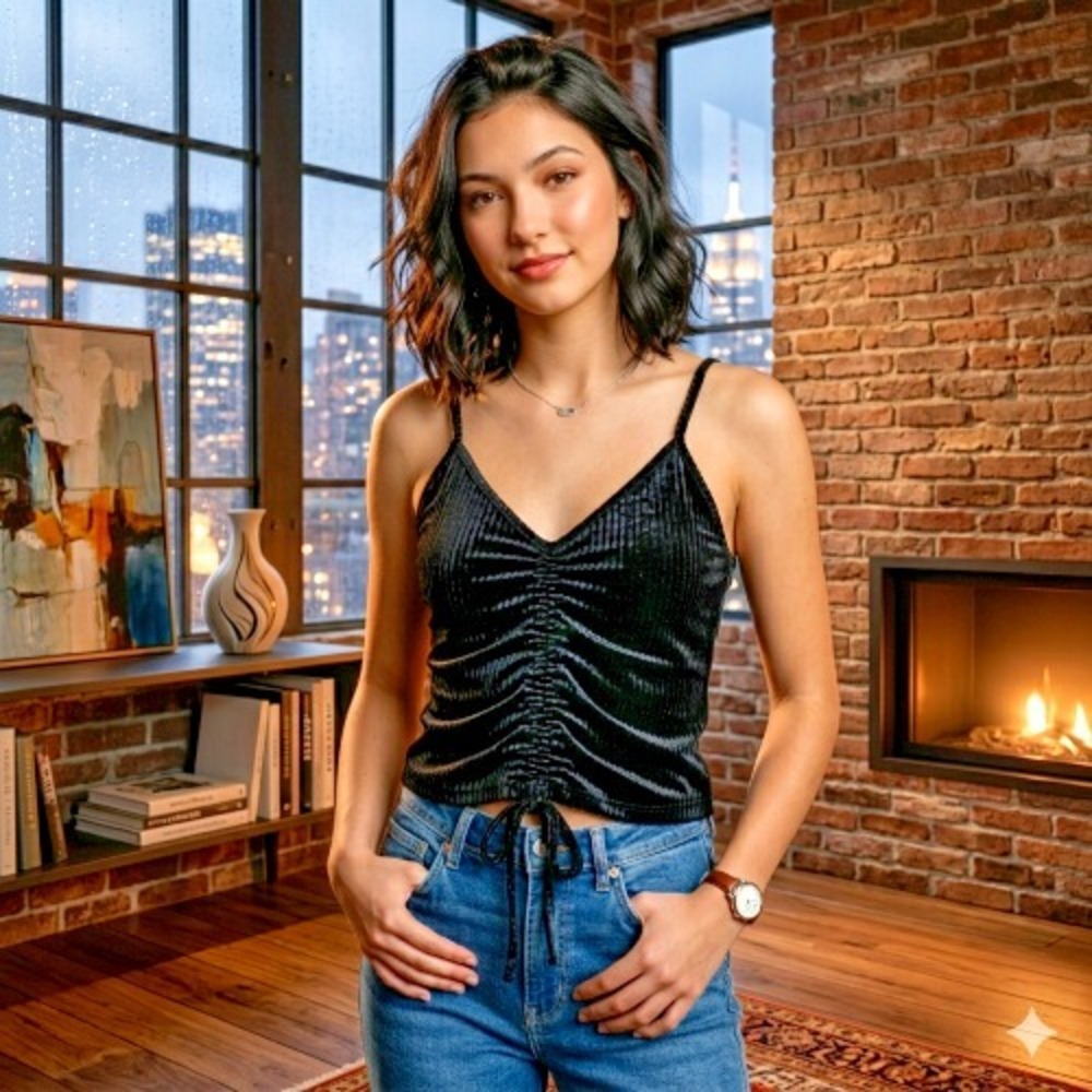 Hippie Rose‎ Velvet Ribbed Camisole – Sleek Shirred Front, Black M